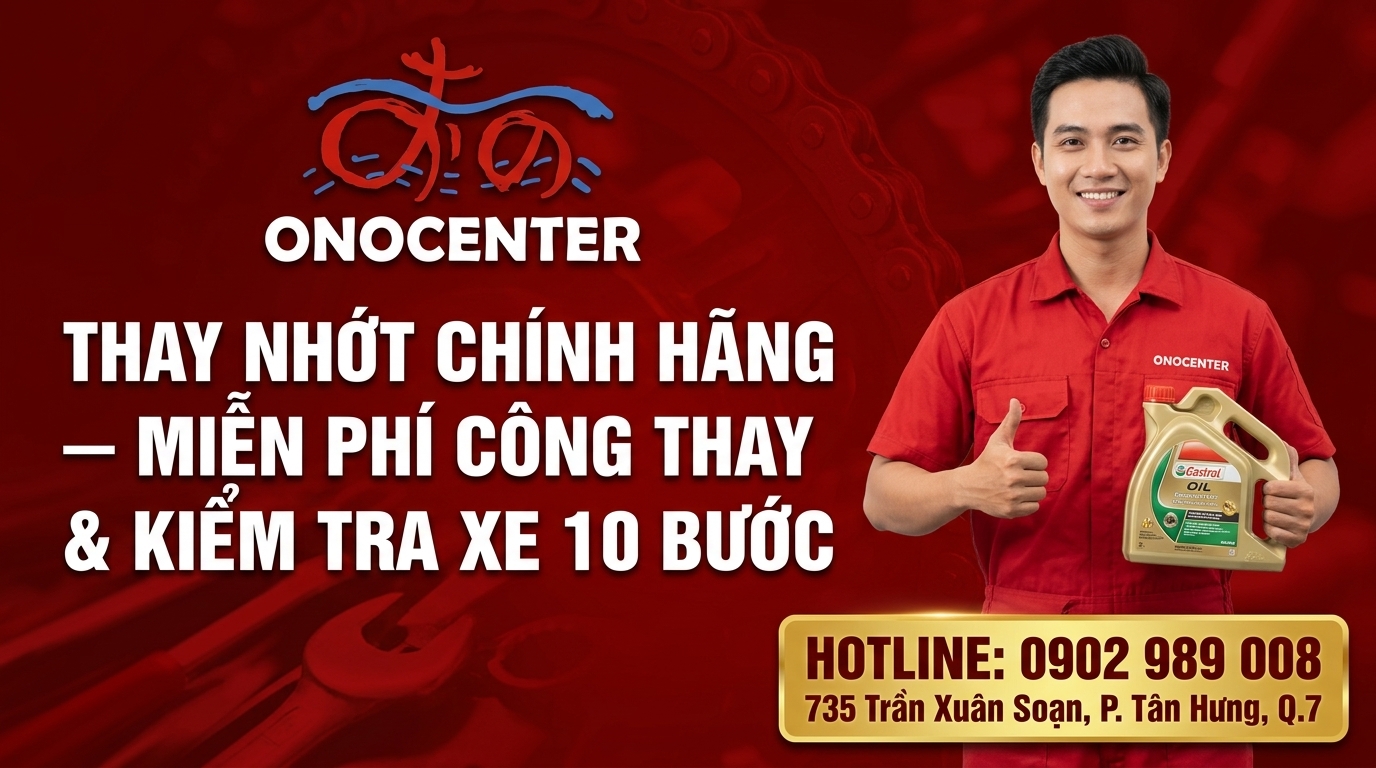 Banner dịch vụ thay nhớt chính hãng miễn phí công tại ONOCENTER 735 Trần Xuân Soạn Quận 7
