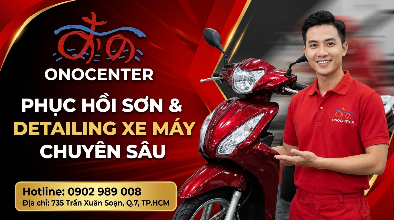 Banner kêu gọi đặt lịch chăm sóc phục hồi sơn xe máy chuyên sâu tại trung tâm ONOCENTER Quận 7