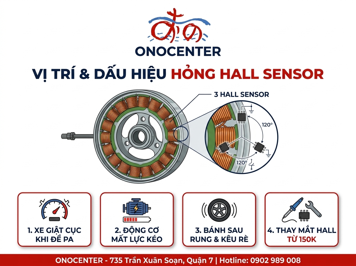 Infographic vị trí và 4 dấu hiệu nhận biết hỏng Hall Sensor xe điện tại ONOCENTER