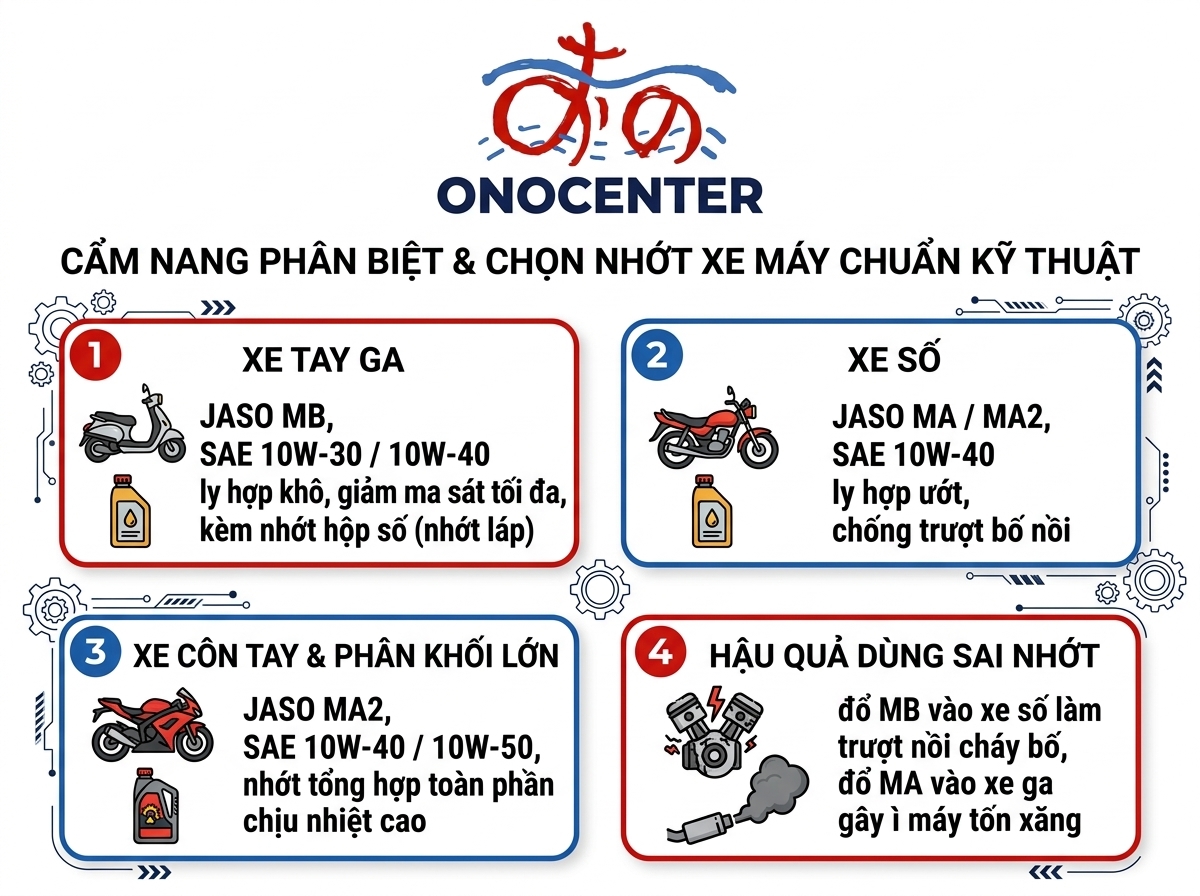 Infographic hướng dẫn phân biệt chuẩn nhớt JASO MA MA2 MB và SAE 10W30 10W40 tại ONOCENTER