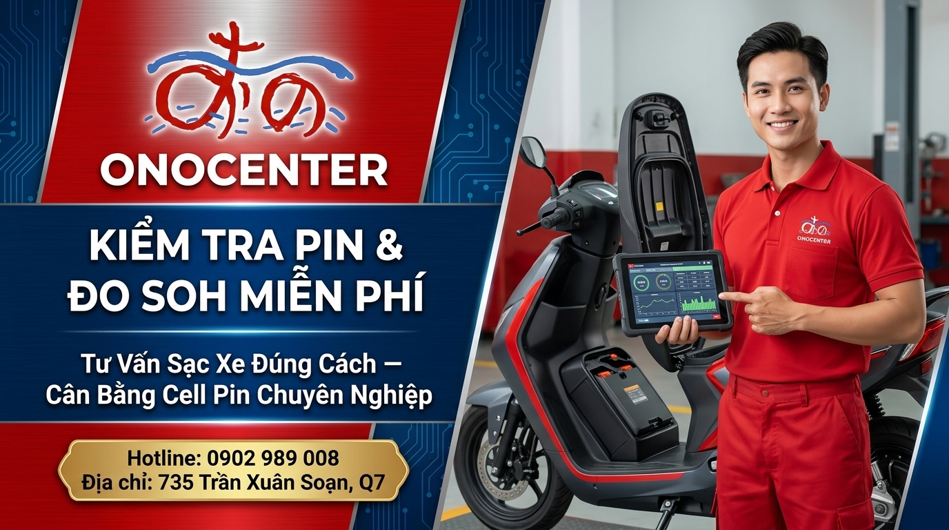 Banner kêu gọi kiểm tra SOH và cân bằng cell pin xe điện miễn phí tại ONOCENTER Quận 7