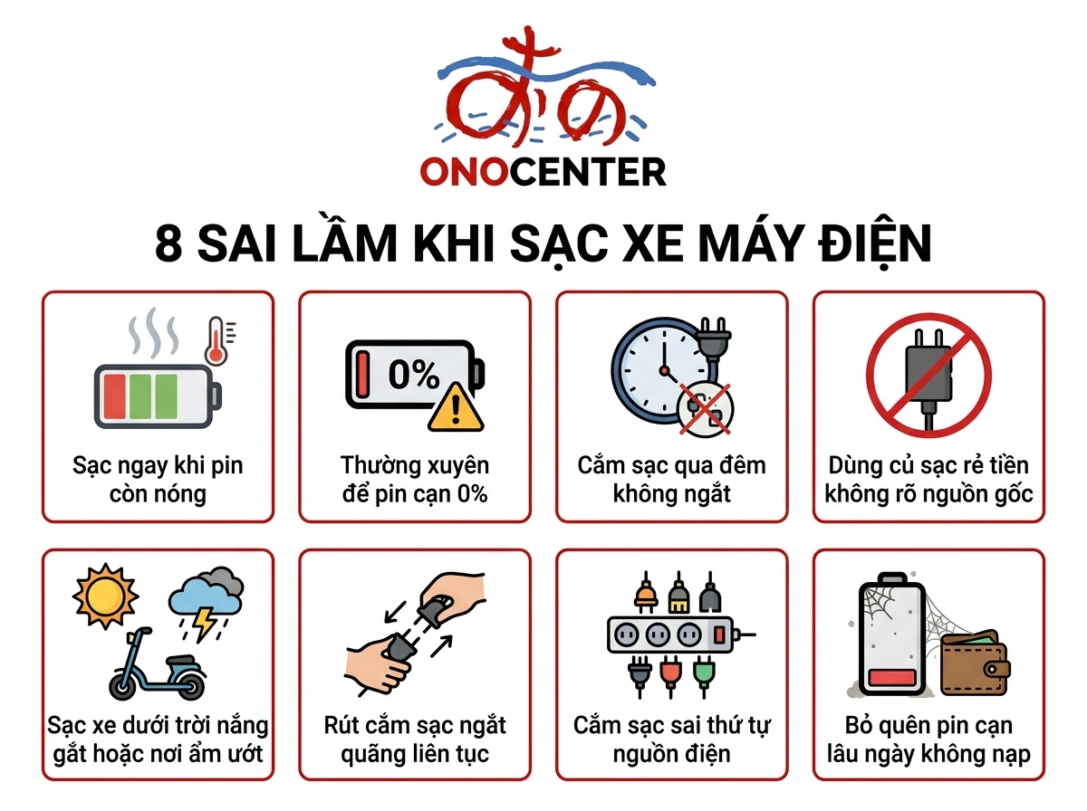 Infographic 8 sai lầm phổ biến khi sạc xe máy điện người dùng cần tránh