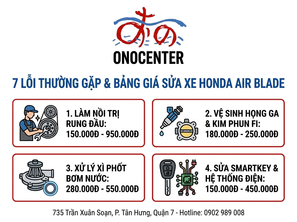 Infographic các căn bệnh thường gặp và bảng giá sửa xe Air Blade tại ONOCENTER