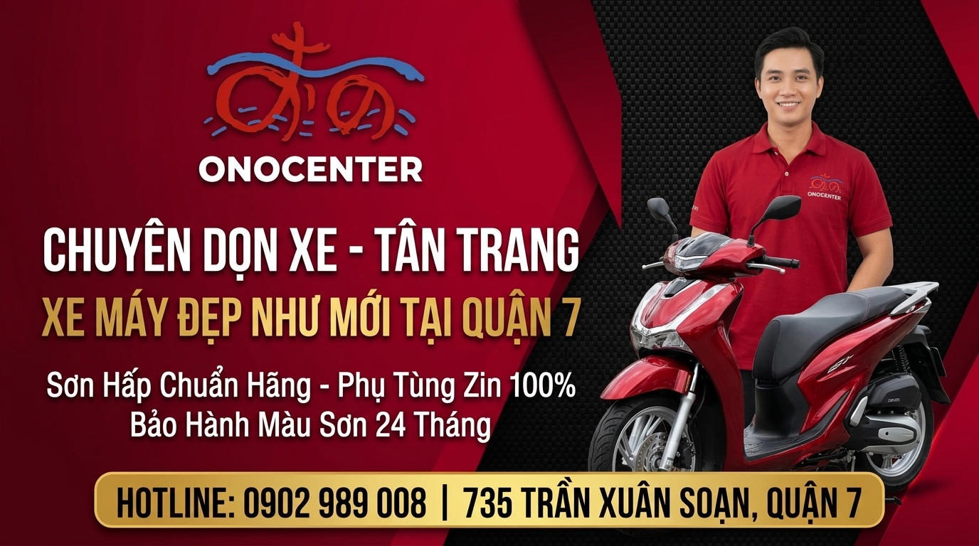 Banner kêu gọi đặt lịch tân trang phục hồi xe máy nguyên bản tại ONOCENTER 735 Trần Xuân Soạn Quận 7